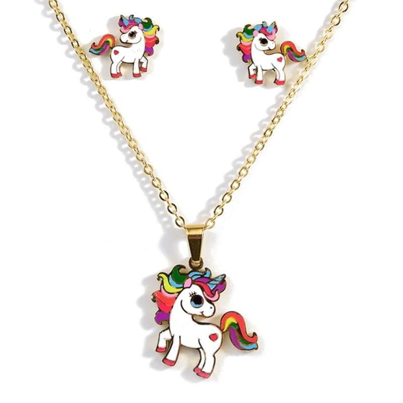 Boucles d'Oreilles et Collier Avec Pendentif Licorne Arc-en-ciel - Licorne