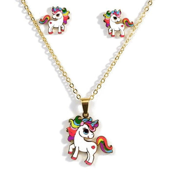 Boucles d'Oreilles et Collier Avec Pendentif Licorne Arc-en-ciel