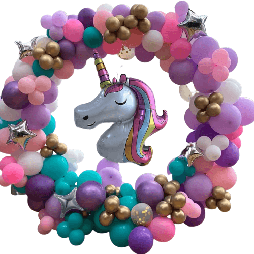 Guirlande de ballons multicolores licorne en arc circulaire