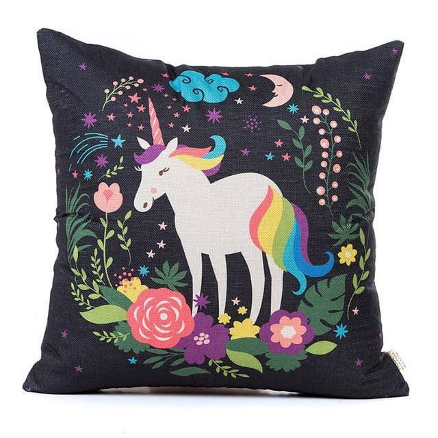 Housse de Coussin<br> Licorne et Fleurs - Une Licorne